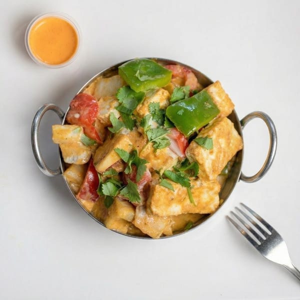 Indian paneer dish with green peppers, tomatoes, and cilantro in a metal bowl with a side of sauce.