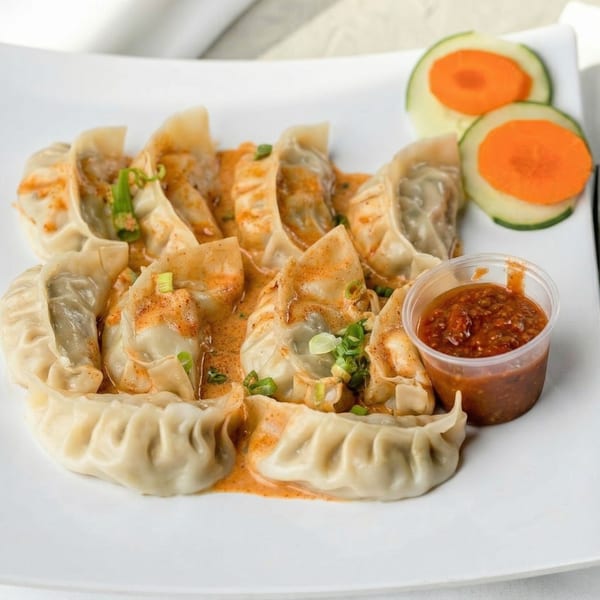 A plate of steamed dumplings drizzled with sauce, garnished with green onions, and served with dipping sauce and cucumber slices.